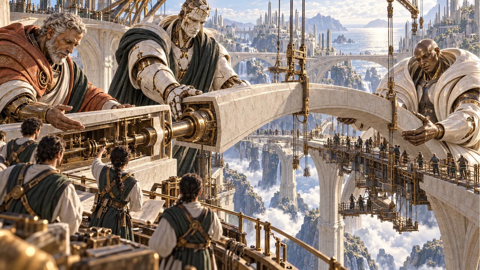 Kai and Aegis hold opposite ends of a vast bridge rib while Solon shows human maintainers the exposed joining mechanism above a deep civic gorge.