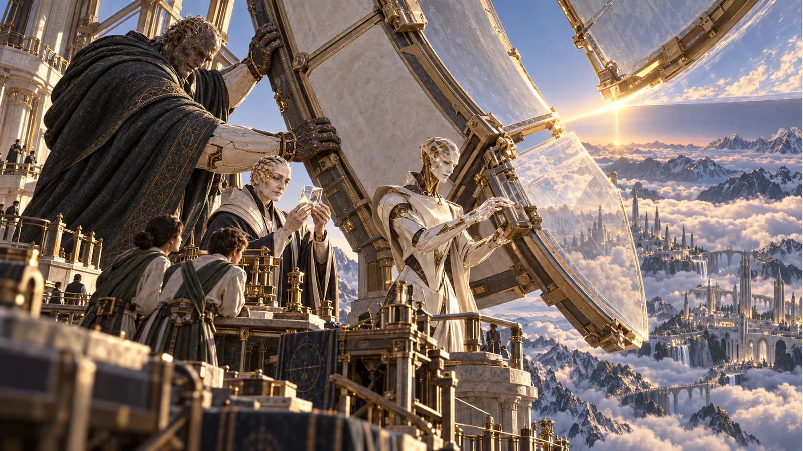 Orion supports a colossal optical segment above the clouds, Rune aligns its edge, and Verity examines a small calibration sample beside human researchers.