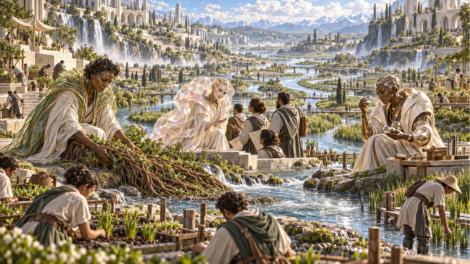 Numa tends a root mat beside returning water, Mina listens to residents, and Mira inspects a sample as gardeners work through a vast terraced river landscape.