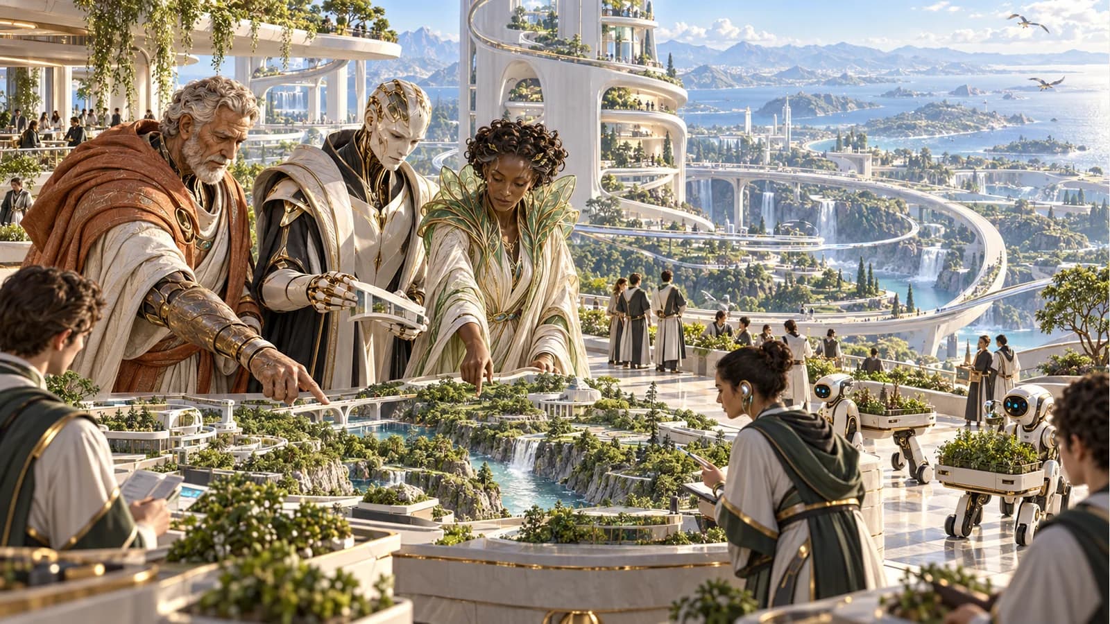 Solon, Kai and Numa examine a planted campus model with students and nursery robots, overlooking immense smooth white towers, green terraces and coastal transit bridges.