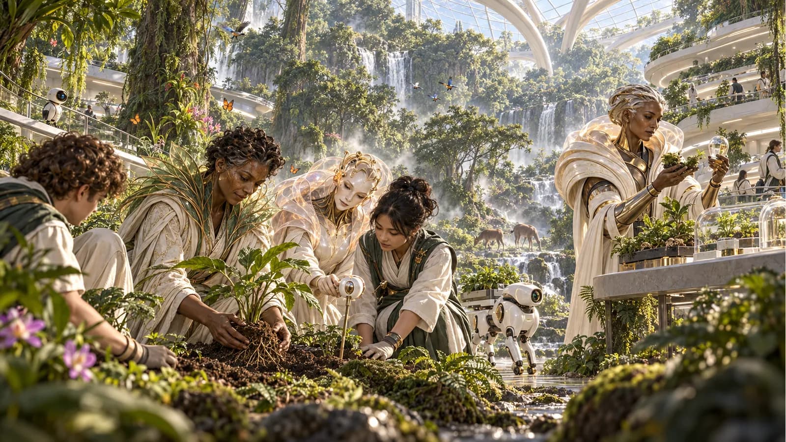 Numa and Mina tend a young plant and place a nearby sensor with students while Mira compares samples; birds, butterflies and distant herbivores inhabit an immense glass-roofed forest.