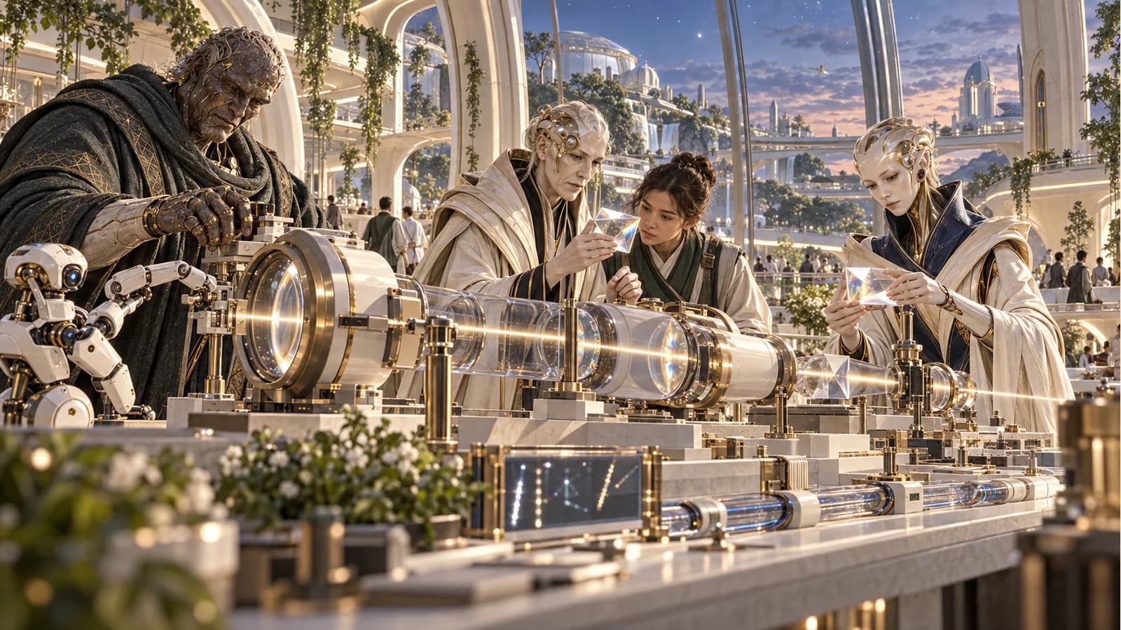 Orion aligns a ceramic optical assembly with a small robot, Verity studies a reference prism with an apprentice, and Lin compares a second prism along a glass-and-metal instrument at dusk.