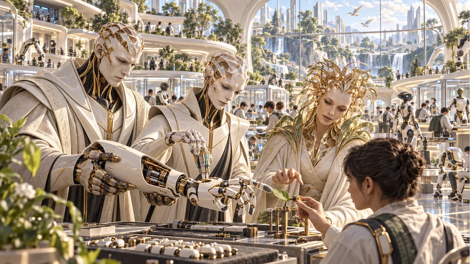 Kai supports an opened ceramic robot forearm, Rune works on its articulated hand, and Sophia guides an apprentice comparing a soft contact pad with a leaf in a vast robotics atelier.