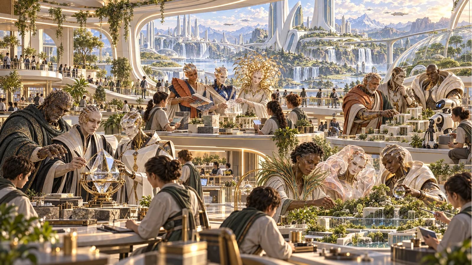 All twelve teachers collaborate in four groups across a two-level research commons, sharing optical artifacts, planted models, creative studies and a service robot above a vast futuristic Academy.
