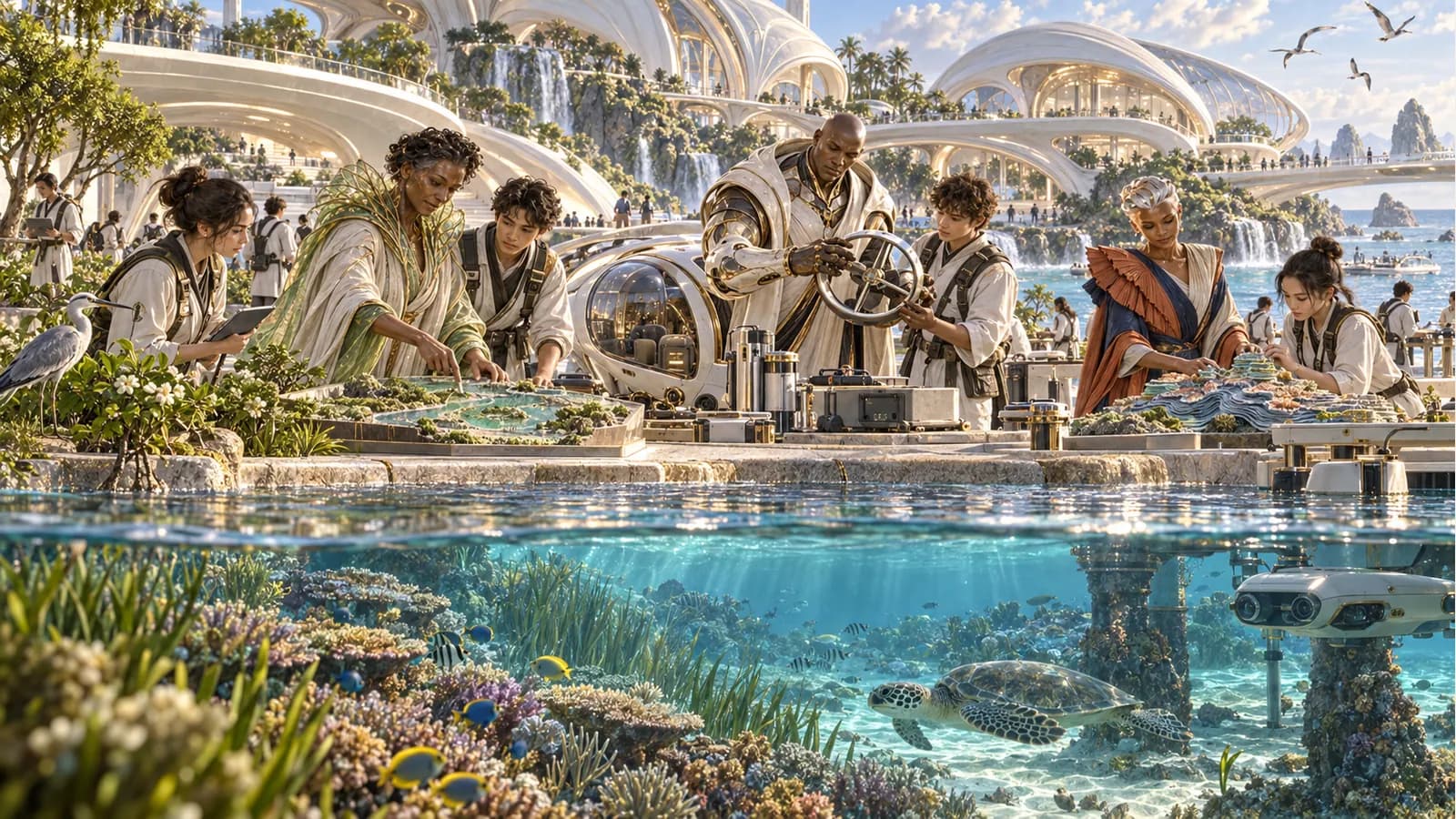 Numa maps a lagoon, Aegis inspects a detached robot guard and Lyra studies a reef model with learners; white shell-shaped laboratories overlook clear water, seagrass, fish and a sea turtle.