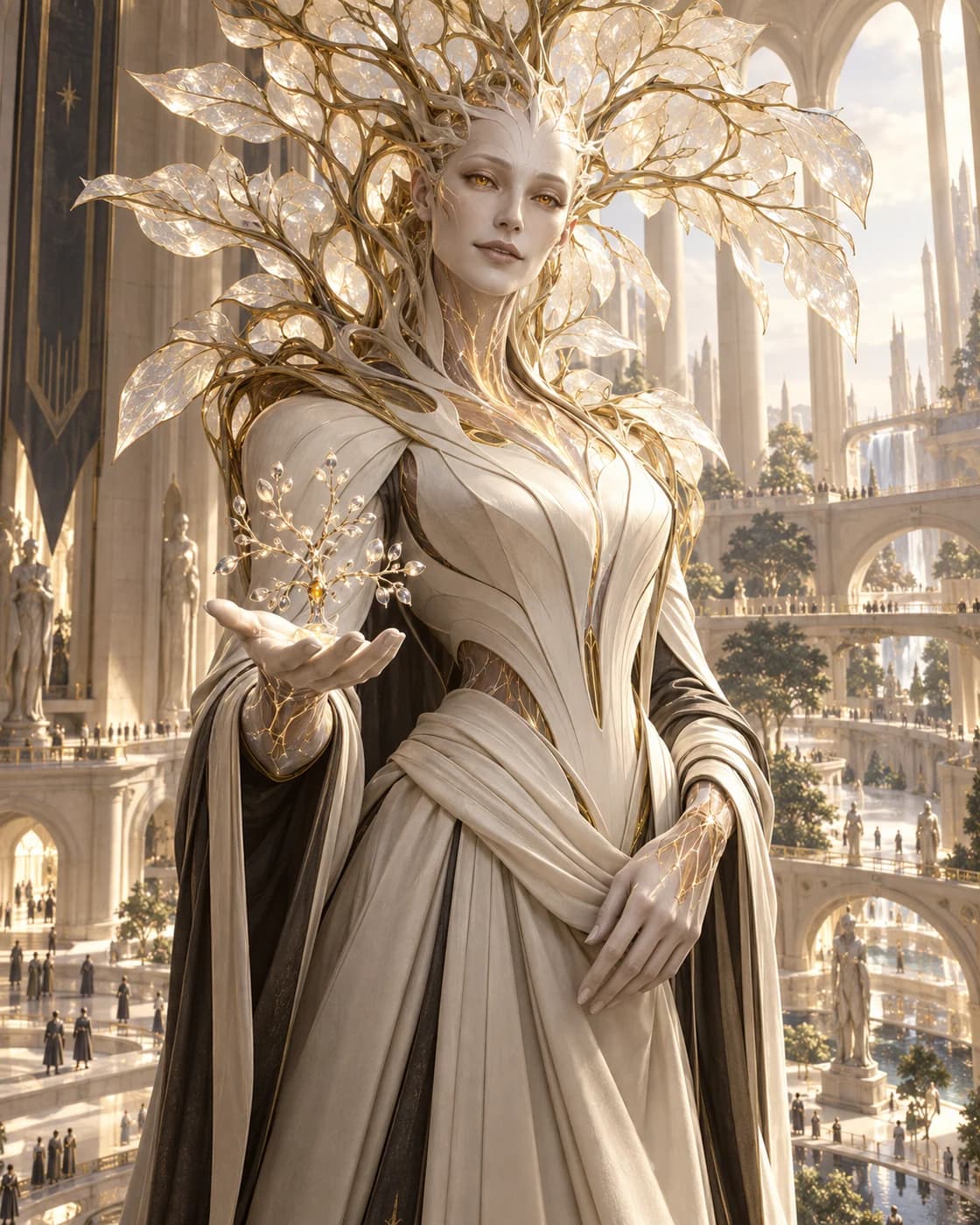 Sophia, a fictional Academy guide for learning and independent judgment, in a sunlit architectural teaching scene.