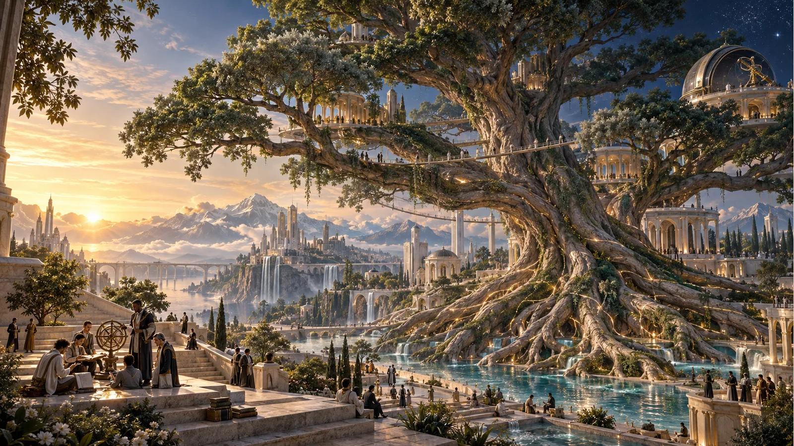 Imagined learners beneath a colossal living tree, with libraries and observatories woven through its branches above a luminous pool