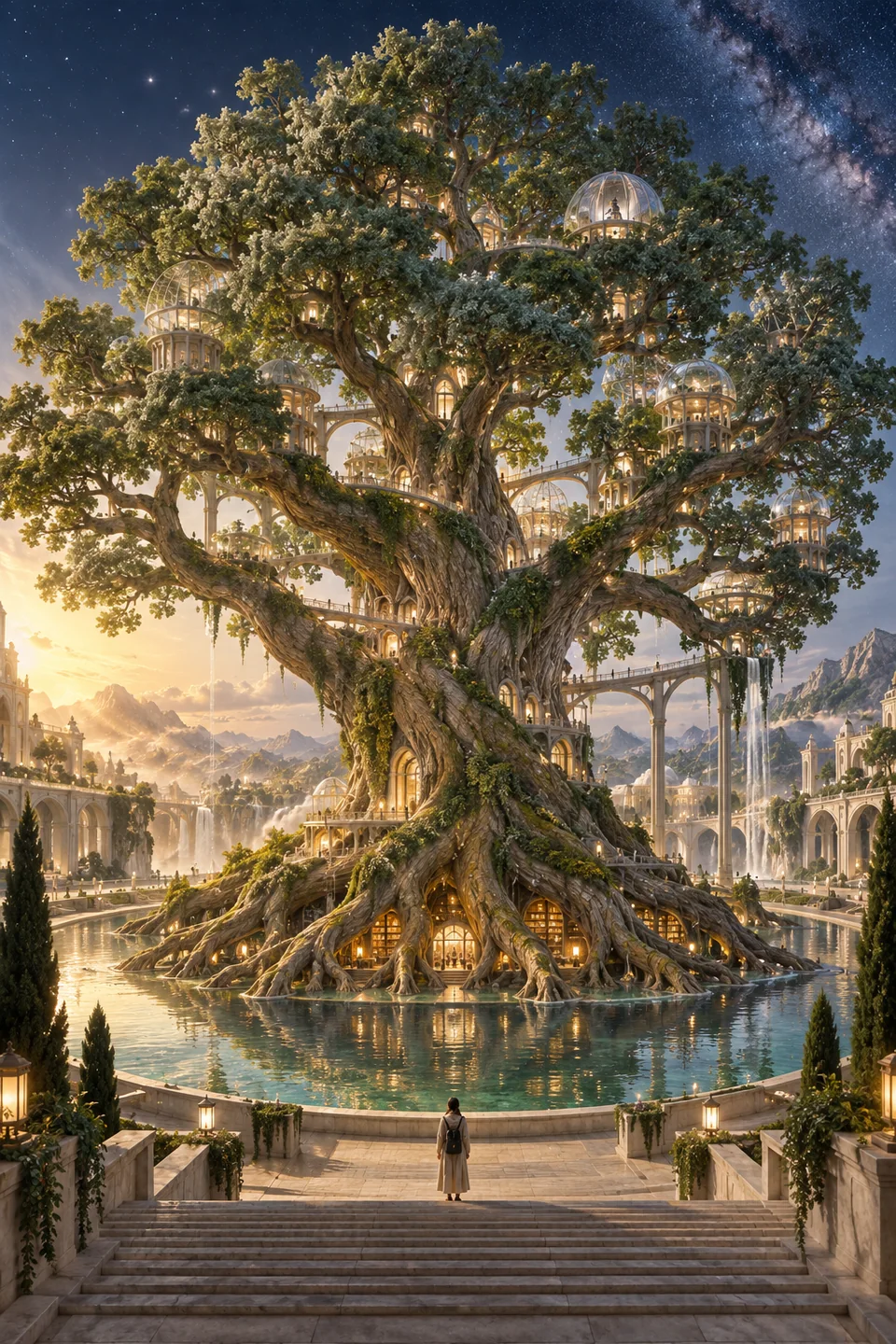 An imagined immense tree inhabited by libraries, with a tiny learner at its roots